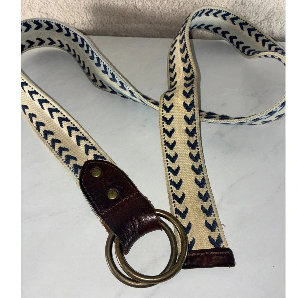 J.Crew Cream Navy D-Ring Belt - L/XL - Leather Trim Chevron Canvas Preppy Boho